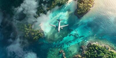 ai generiert oben Nieder Aussicht von ein Weiß Flugzeug fliegend Über das Blau Meer und Inseln. Ferien Konzept foto