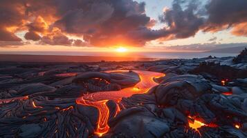 ai generiert Lava fließt beim Sonnenuntergang im Hawaii Vulkane National Park, Erfassen das Überleitung von Tag zu Nacht im ein dramatisch und atemberaubend Anzeige von Leistung foto