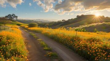 ai generiert Schmutz Straße Wicklung durch rollen Hügel bedeckt im beschwingt Wildblumen beim golden Stunde foto