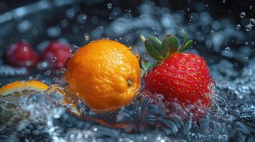 ai generiert Orange und Erdbeere planschen im Wasser mit Blasen, Nahansicht. foto