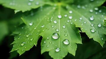 ai generiert Grün Blatt mit Wasser Tropfen Nahansicht. flach Tiefe von Feld. foto