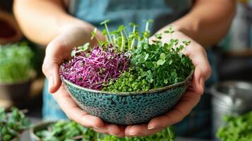 ai generiert Frau halten Schüssel mit Microgreens im ihr Hände, Nahansicht foto