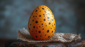 ai generiert Gelb Ostern Ei auf ein hölzern Hintergrund. Jahrgang Stil getönt Bild foto