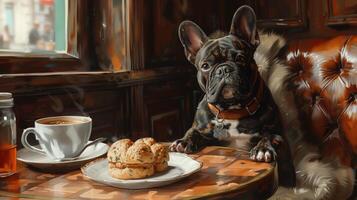 ai generiert Französisch Bulldogge mit ein Tasse von Kaffee und Kekse im ein Cafe foto