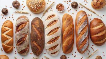 ai generiert anders Typen von Brot auf ein Weiß Hintergrund. Bäckerei Produkte. foto
