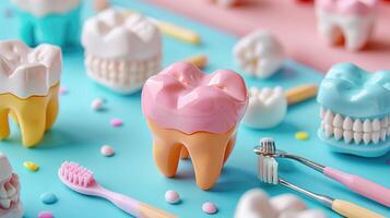 ai generiert Zähne Modell- mit Zahnbürste und Dental Zahnseide auf Farbe Hintergrund foto