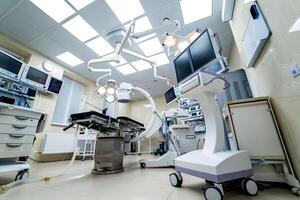 chirurgisch Zimmer im Krankenhaus mit Roboter Technologie Ausrüstung, Maschine Arm der Chirurg im futuristisch Betrieb Zimmer. minimal angreifend chirurgisch Innovation, medizinisch Roboter Chirurgie mit Endoskopie foto