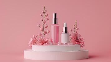 ai generiert 3d machen von Rosa Lippenstift mit Blume Hintergrund. Schönheit Produkt Anzeige Podium. foto