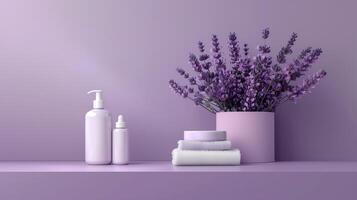 ai generiert Lavendel kosmetisch Produkte und Lavendel Blumen auf lila Hintergrund. Attrappe, Lehrmodell, Simulation foto