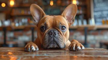 ai generiert Französisch Bulldogge im ein Kaffee Geschäft. selektiv Fokus und flach Tiefe von Feld. foto