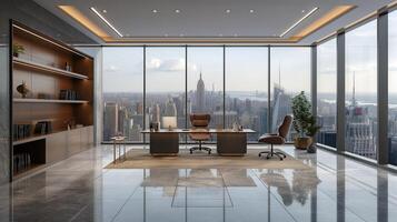 ai generiert Luxus Büro Innere mit Panorama- Fenster und Stadt Sicht. foto