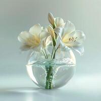 ai generiert Weiß Lilie Blumen im ein Glas Vase auf ein Licht Hintergrund foto