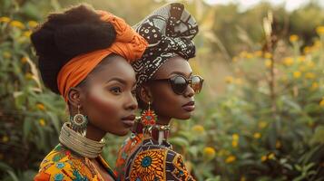 ai generiert zwei schön afrikanisch amerikanisch Frauen im traditionell Kleidung Stehen im ein Reihe. schwarz Geschichte Monat Konzept. foto