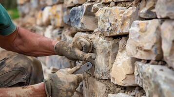 ai generiert ein Maurer konstruiert ein Stein Mauer mit Holz, Metall Werkzeug, und Gebäude Materialien mögen Ziegel und Felsen. foto