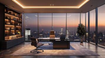 ai generiert Luxus Büro Innere mit Panorama- Fenster und Stadt Sicht. foto