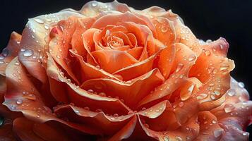 ai generiert schön Orange Rose mit Wasser Tropfen auf Blütenblätter Nahansicht foto