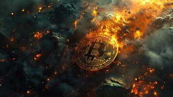 ai generiert Bitcoin im das Feuer. Kryptowährung Konzept. 3d Illustration foto