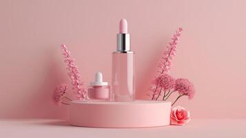 ai generiert 3d machen von Rosa Lippenstift mit Blume Hintergrund. Schönheit Produkt Anzeige Podium. foto