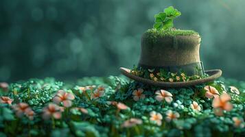 ai generiert st. Patrick's Tag Hintergrund mit Grün Gras, Blumen und Hut foto