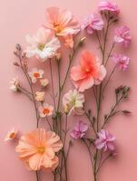 ai generiert Blumen Komposition auf Pastell- Rosa Hintergrund. eben legen, oben Aussicht foto