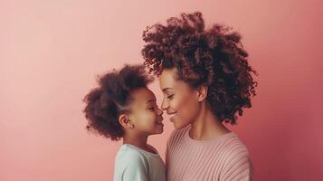 ai generiert glücklich afrikanisch amerikanisch Mutter und Tochter suchen beim jeder andere auf Rosa Hintergrund. Mutter Tag foto