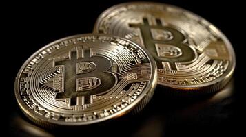ai generiert zwei golden Bitcoins auf ein schwarz Hintergrund. Kryptowährung. foto