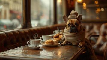 ai generiert Französisch Bulldogge mit ein Tasse von Kaffee und Kekse im ein Cafe foto