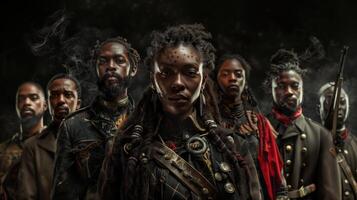 ai generiert Porträt von ein Gruppe von afrikanisch amerikanisch Steampunk Soldaten. schwarz Geschichte Monat Konzept. foto