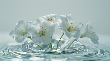 ai generiert Weiß Freesie Blumen auf Wasser Oberfläche mit Wasser Tropfen und Wellen foto