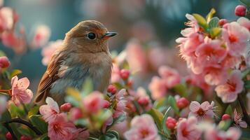 ai generiert Vogel auf ein Ast von ein blühen Sakura im Frühling. foto