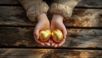 ai generiert Kind Hände halten golden Ostern Eier auf rustikal hölzern Hintergrund. foto