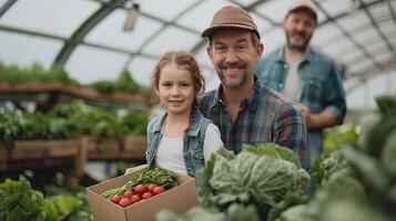 ai generiert Familie Landwirtschaft. glücklich Vater und Kind Tragen Box von Gemüse auf Landwirtschaft Geschäft oder Ernährung Garten foto