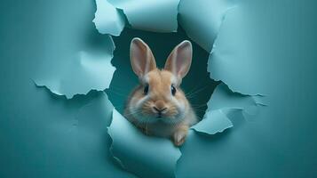 ai generiert Hase spähen aus von Loch im Blau Mauer. Ostern Konzept foto