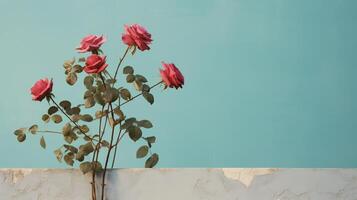 ai generiert rot Rosen gegen ein Blau Mauer foto