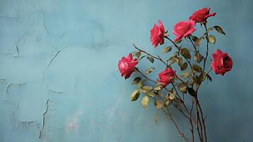 ai generiert rot Rosen gegen ein Blau Mauer foto