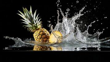 ai generiert ein Ananas ist planschen Wasser auf ein schwarz Hintergrund foto