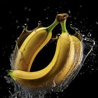 ai generiert Bananen sind Sein bespritzt mit Wasser auf ein schwarz Hintergrund foto