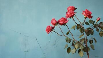 ai generiert rot Rosen gegen ein Blau Mauer foto