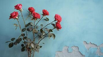 ai generiert rot Rosen gegen ein Blau Mauer foto