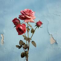 ai generiert rot Rosen gegen ein Blau Mauer foto