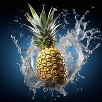 ai generiert ein Ananas ist planschen Wasser auf ein schwarz Hintergrund foto