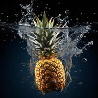 ai generiert ein Ananas ist planschen Wasser auf ein schwarz Hintergrund foto