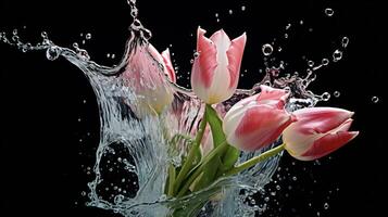 ai generiert ein Rosa Tulpe ist planschen Wasser im das Luft foto