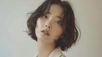 ai generiert Koreanisch Frauen Modell, 30 Jahre alt, Sport ein lächelnd Ausdruck, mit schön Augen und ein Gerade Bob Haarschnitt foto