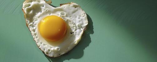ai generiert herzlich Frühstück, ein herzförmig gebraten Ei nimmt Center Bühne gegen ein beschwingt Grün Hintergrund foto