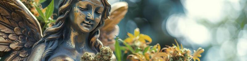 ai generiert surreal Gelassenheit, Statue von ein schön Engel Umarmen Marihuana Nuggets, mischen künstlerisch Kontraste foto