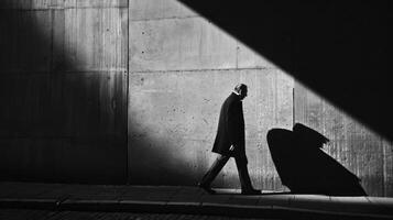 ai generiert städtisch Silhouette, Straße Fotografie Erfassen das Schatten von ein Mann gegen das Stadtbild foto