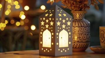 ai generiert ein bezaubernd Licht Box mit Sterne auf das Seite, im das Stil von islamisch Kunst und die Architektur. foto