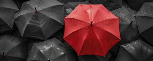 ai generiert ein rot Regenschirm unter das schwarz Regenschirme. Kontrast Konzept. foto