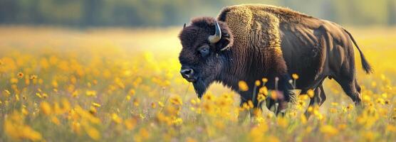 ai generiert Makro Aussicht von Bison Laufen im das Frühling Blumen Feld. foto